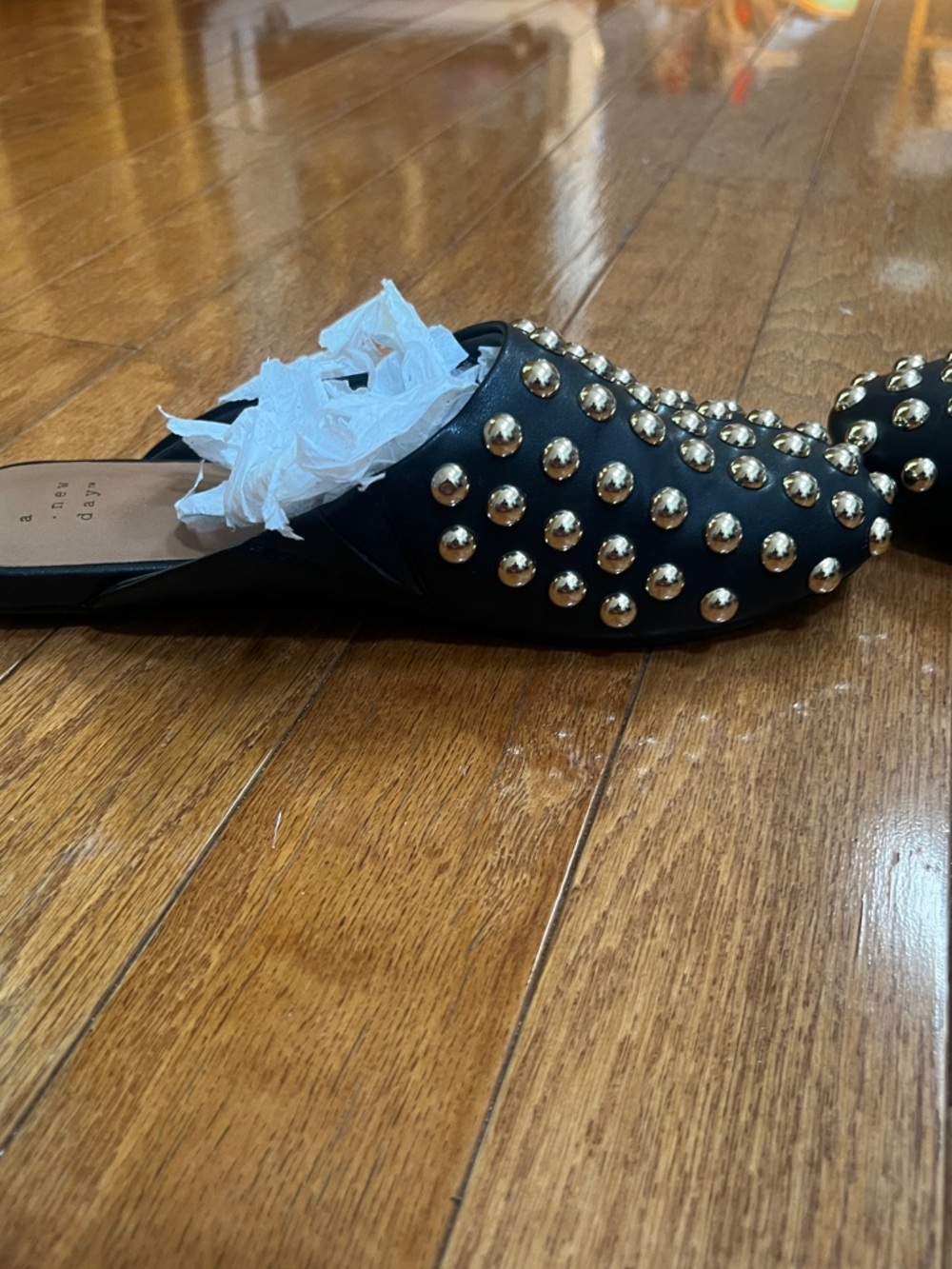 Studded Black Slip-On Mules with Gold Accents - Picture 10 of 13